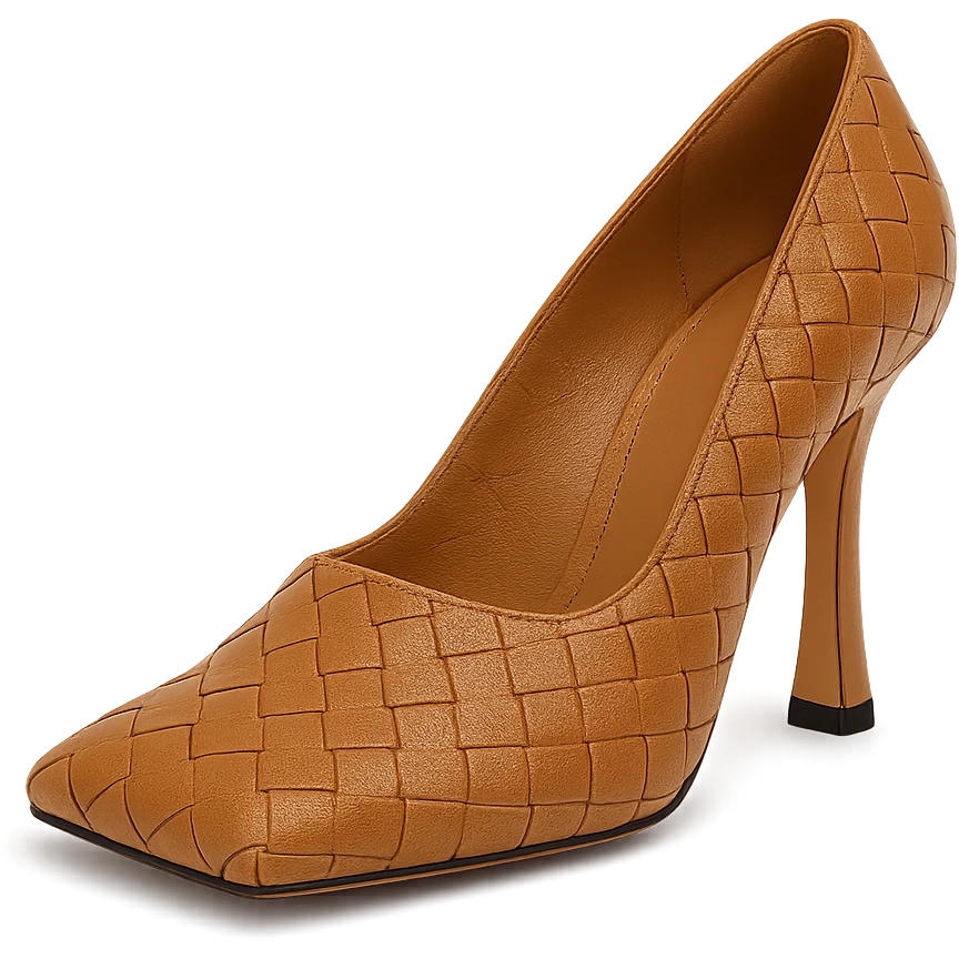 Bottega Veneta style high-heeled shoe, luxury, signature intrecciato weave, minimalist, fashion icon emoji