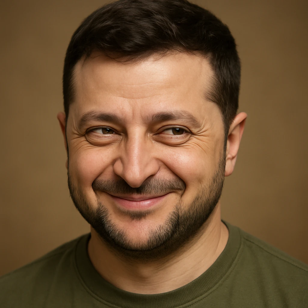 Vladimir Zelensky, photorealistic, emoji style, sly smirk, mischievous eyes emoji