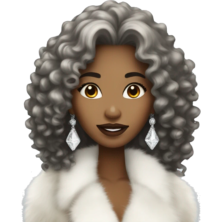 elegant light brown woman with diamonds long black curly hair  and white fur coat emoji