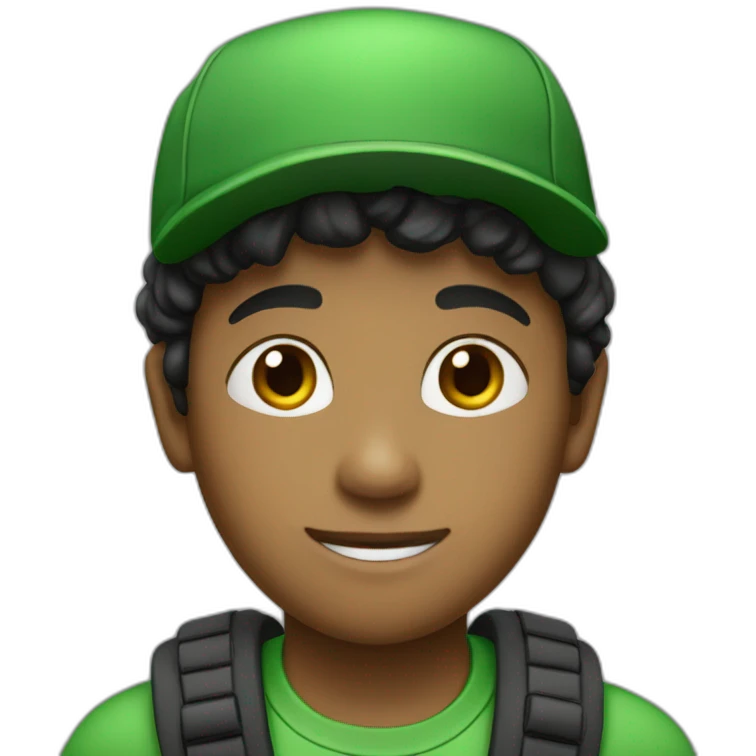 A boy wearing a green dress with written in it His hair is black and he's wearing a green cap White skin emoji