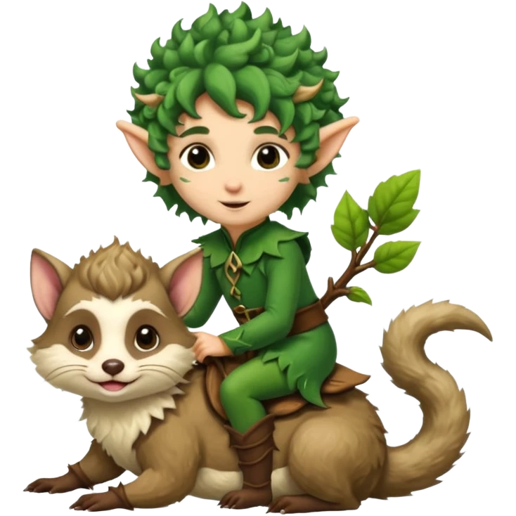tiny forest elf with messy curls riding ferret emoji