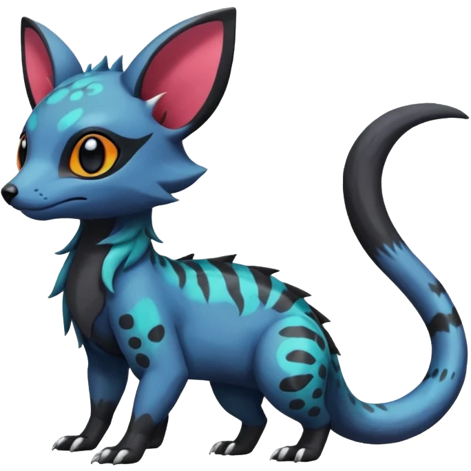 Rare exotic cute epic aesthetic colorful Salandit-Eevee-Civet-species-Fakemon-hybrid-creature, with markings, full body emoji