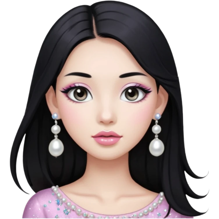 asian long black hair silver grey eyes glossy lips glittery white and light pink eyeshadow girl pearl earrings emoji