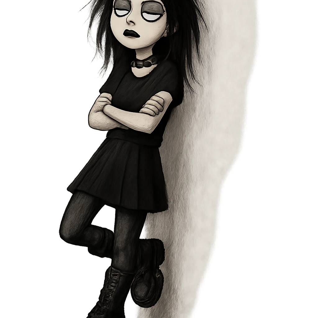 goth girl leaning against a wall, rolling her eyes, black boots, messy hair, indifferent attitude emoji