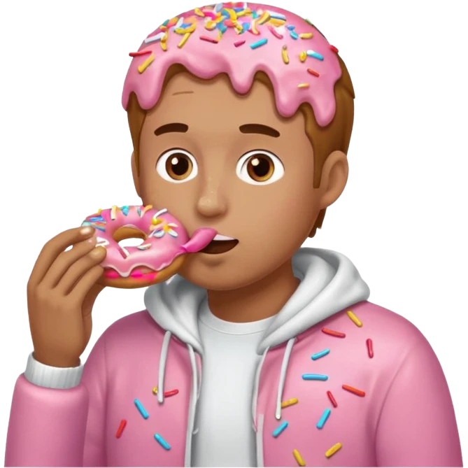 A man eating a pink donut spilling white icing down his face and clothes emoji