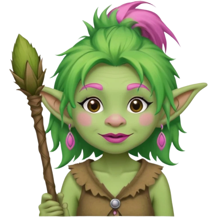 A green troll with green hair and brown and tan raggedy clothes on holding a brown stick with pink lipstick, long eyelashes and pink nails emoji