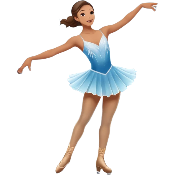 An icon featuring a graceful figure skater performing an elegant spin on a shiny ice rink. The background includes twinkling lights, a snowy winter scene, and cheering fans in the stands. Transparent background highlights the beauty, poise, and artistry of figure skating. emoji