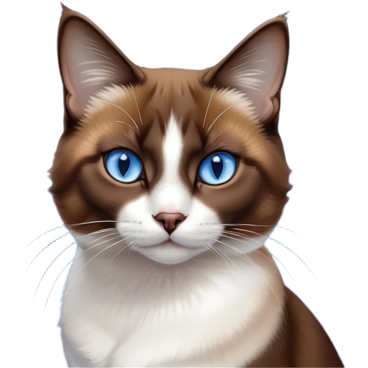 Cinematic Noble Brown Mantle Snowshoe Cat Portrait Emoji, Poised and regal, with sleek brown fur draping elegantly over its back like a mantle, contrasted by a crisp white chest, paws, and facial markings, piercing icy-blue eyes, Simplified yet sharp and sophisticated features, highly detailed, glowing with a soft, dignified glow, high shine, intelligent and graceful, stylized with an air of elegance, focused and attentive, soft glowing outline, capturing the essence of a watchful and refined feline, so majestic it feels as though it could glide across the screen with effortless confidence! emoji