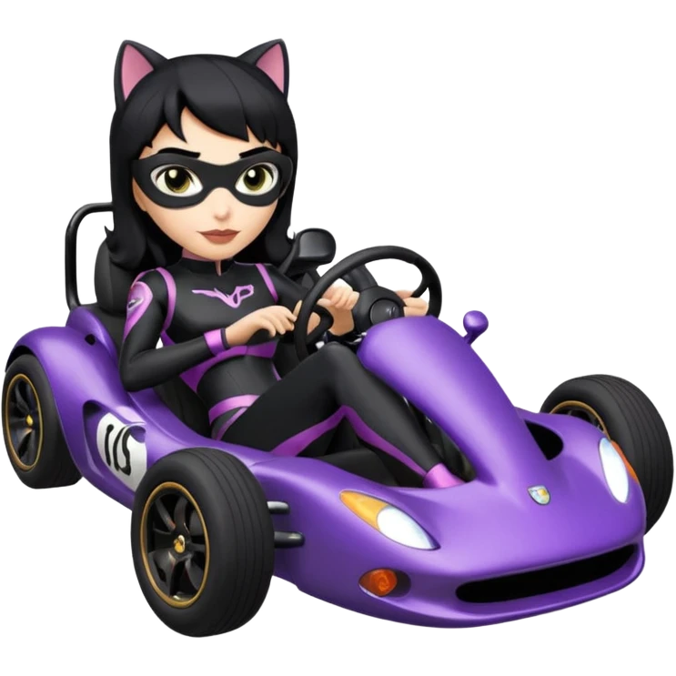 full size real-appearance road glowing racing sexy buxom CatWoman’s feminine midnight-colored tight outfit sixty’s tv show dark stealthy accurate sporty safe plush deluxe off-road pursuit drifting car jaguar (black hair,reclined and relaxed torso and shoulders back against seat) rallycross kart  emoji