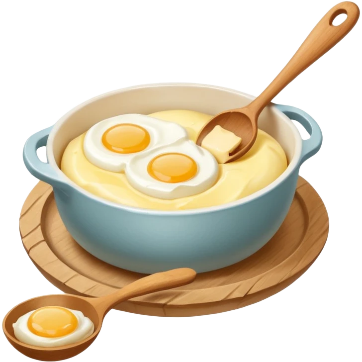 A carton of eggs, butter and a cream ceramic baking bowl with a wooden spoon in it emoji