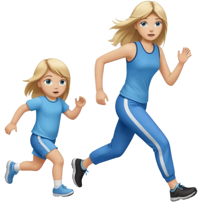 full length of a young woman with long straight dirty blonde hair, side bangs, and blue eyes. She is running behind a 1 year old baby girl emoji