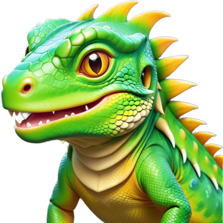 Cinematic Realistic Cute Iguana Portrait Emoji, Head tilted playfully and inquisitively, featuring a compact, agile build with a glossy, intricately scaled body in vivid green hues and a characteristically expressive face with bright, curious amber eyes, rendered in lifelike detail with natural highlights, high shine, affectionate and lively, styled with a touch of tropical whimsy, soft glowing outline, capturing the essence of a mischievous yet lovable iguana that seems poised to scurry out of the screen into your arms! emoji