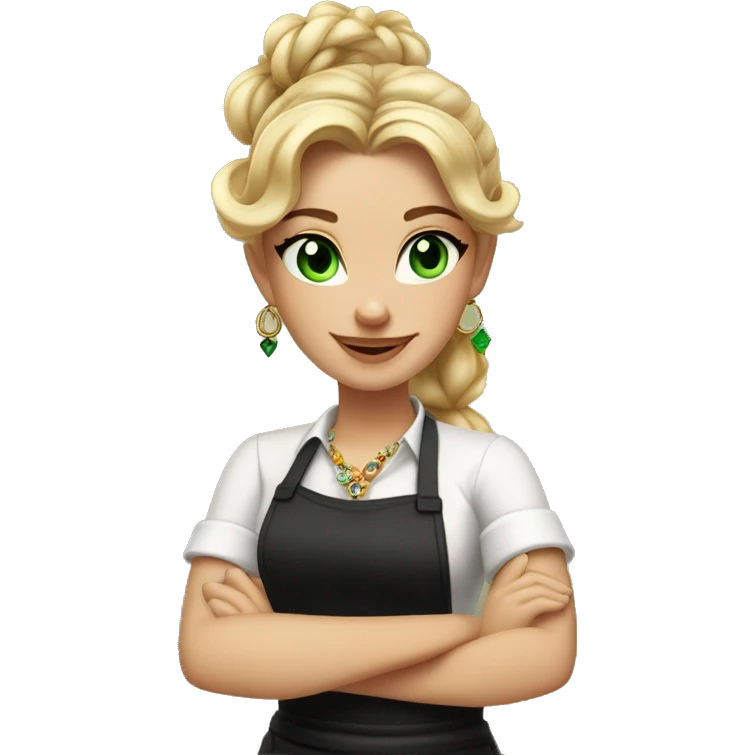 Waitress with white shirt and black apron, curly blonde hair in a pony tail, green eyes, lots of boho jewelry and bracelets  emoji