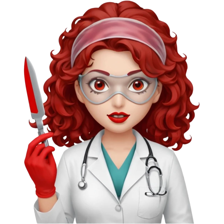 Scary woman scalpel in hand, evil surgeon sexy surgeon clothes.  She has red eyes. Her  brown long curly hair. Wears sexy doctor outfit with red gloves. make her hair free and brown but have mouthy  wear  mask  to hide. Wears white surgeon jacket and  face under a veil emoji