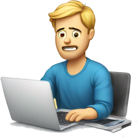 
a guy with a laptop is working and sweating from difficult work. comic style.
 emoji