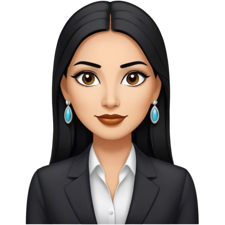 beautiful fit tall woman boss, with long straight black hair, with make up, black eye liner, little smile, mexican, brown skin, wearing beautiful profesional outfit and white earings emoji