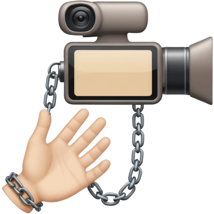 Minimalist emoji-style sticker of a human hand bound by a chain leading to a video camera. Icon-like, clean silhouette, muted tones. emoji