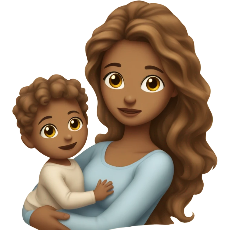 light Tan girl with long brown wavy hair and hazel eyes holding newborn baby boy in arms  emoji