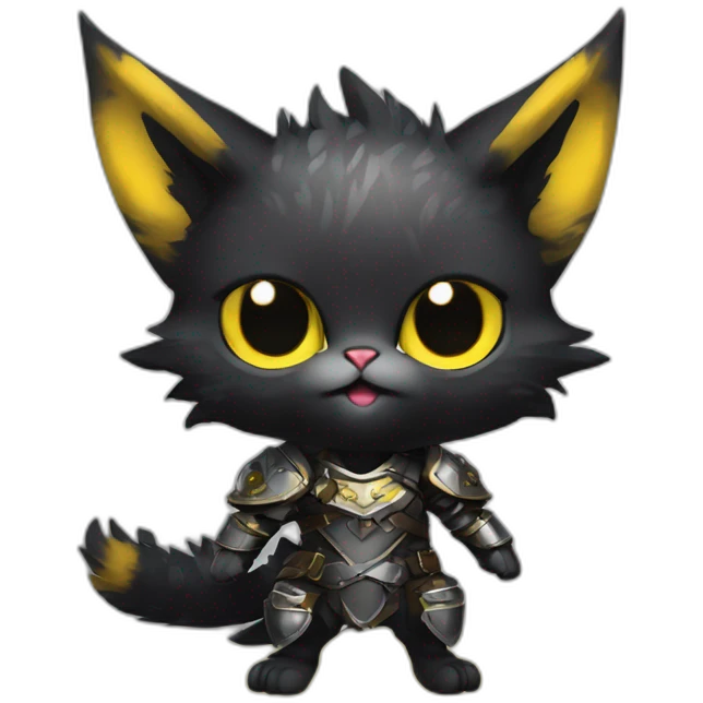 chibi monster hunter palico with all black fur on hind legs wearing armor and blepping and black face with yellow eyes emoji