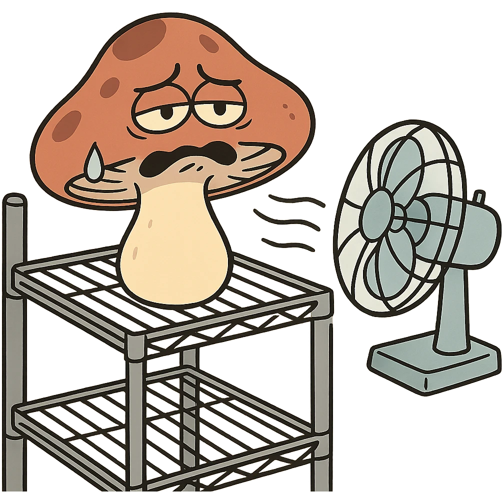 a cartoon style illustration of a mushroom on a rack with a fan pointed at it emoji