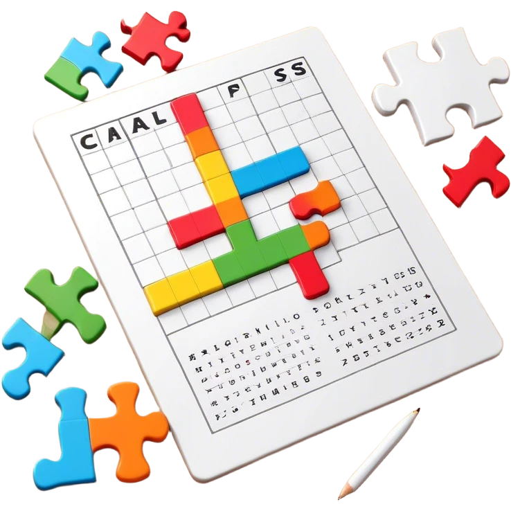 A colorful puzzle piece, a crossword magazine, a 3D puzzle, and a partially completed puzzle picture on a table. Bright colors, minimalist design, modern style. Transparent background, suitable for puzzles and brain games. emoji