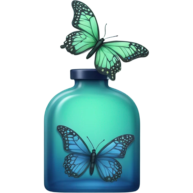  pastel green butterfly resting on an elegant blue perfume bottle with fork dark blue details. emoji