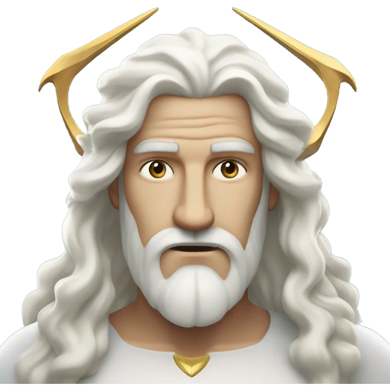 white man Poseidon with gold trident. long white hair white dress watch out emoji