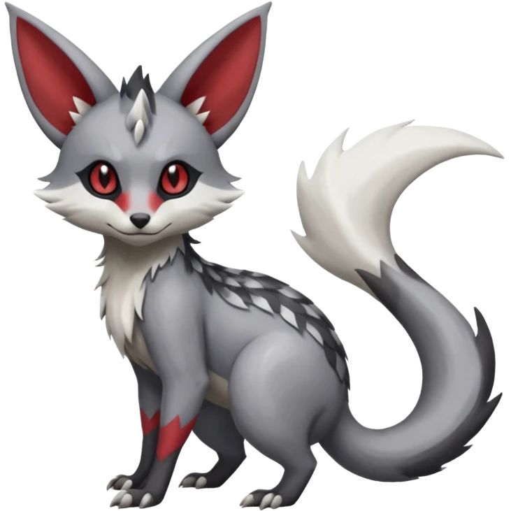 Minccino-Lykoi-Zangoose-fusion-hybrid-animal-Fakémon-creature, full body, thin long sleek scaly tail, intricate markings emoji