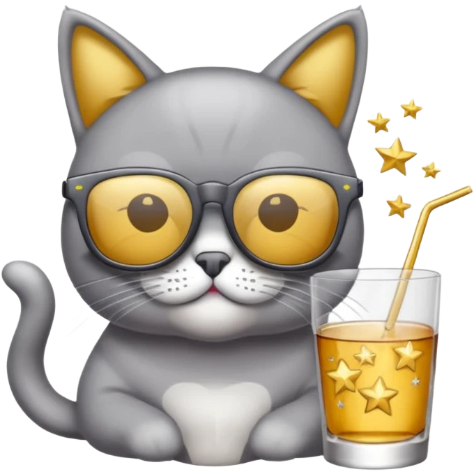 Fait un chat gris avec des lunettes de stars et avec un verre d alcool qui fait la fête emoji