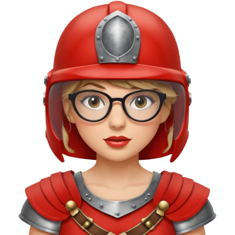 Taylor Swift, wearing gladiator cloth, big round glassed, helmet emoji
