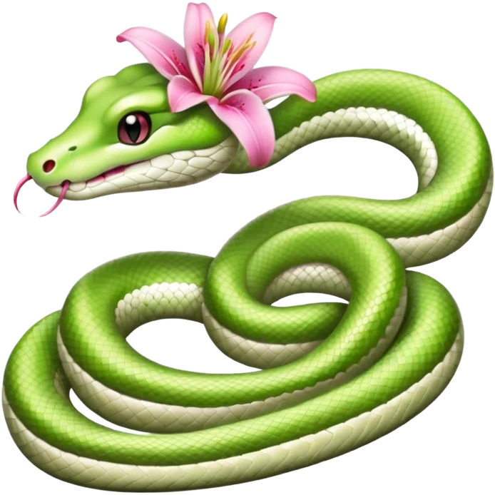 A cute light green and white snake with a pink lily flower on its head. emoji