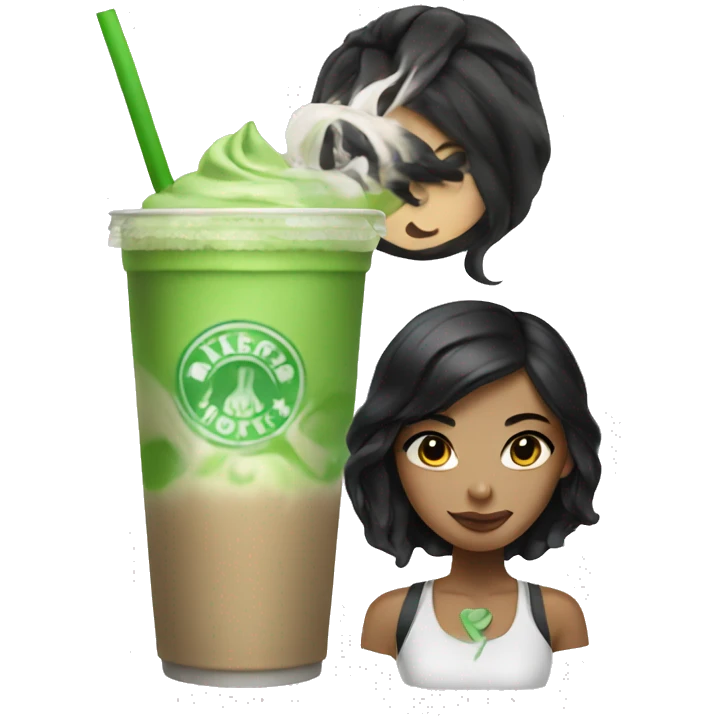 Girl with black hair and an iced matcha latte emoji