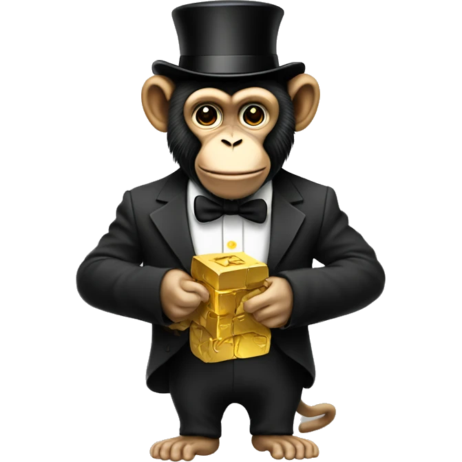 a monkey holding a block of gold in one hand with a banana in the other with a top hat on emoji