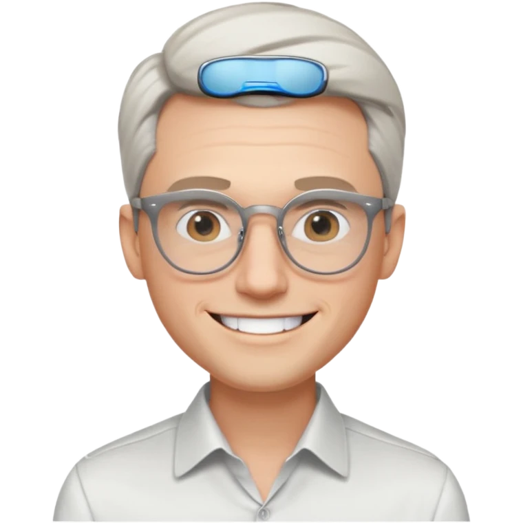 30 yr old pale white man, white/grey side swept stylish hair, round glasses, big smile, white teeth, handsome, longer hair, thin glasses, white dress shirt, smooth forehead, botox, no tie, open collar emoji