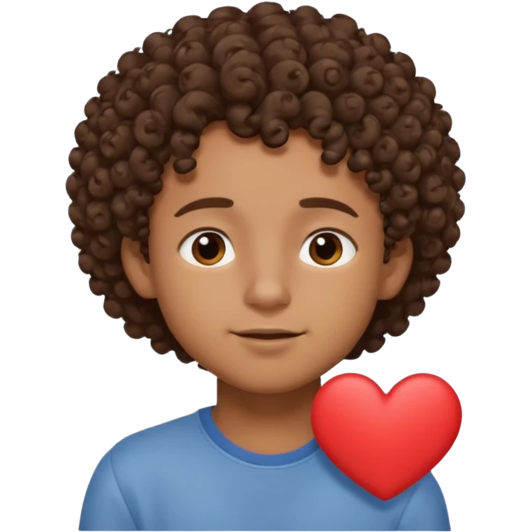 Brown boy with curly hair dreaming abouthis girlfriend small smirk on his face eyes closed with a little heart next to him emoji