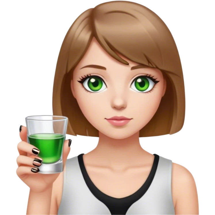 green eyes light brown hair white girl with short bob no bangs with a shot glass wearing black light pink nails emoji