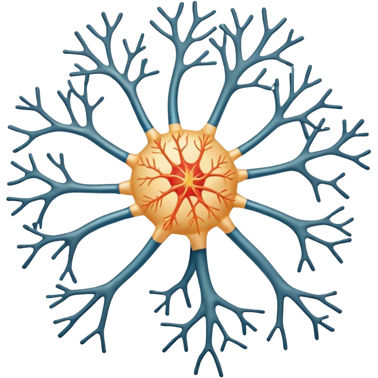 A scientifically accurate nerve cell with the 3 main components, dendrites on the cell body on one side , a long axon and a few dendrites at the other side. emoji