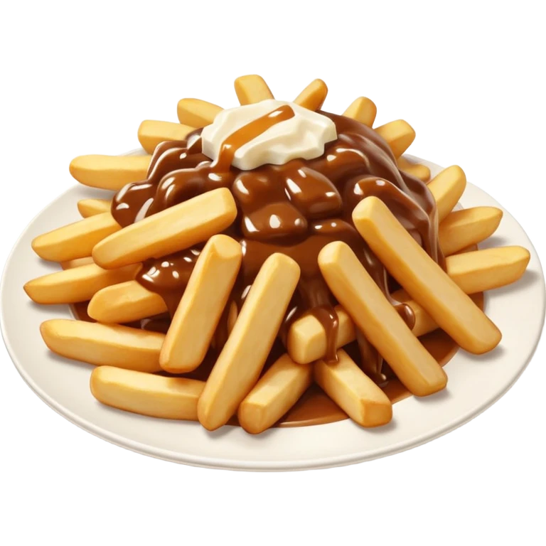 poutine, québec, white cheese curds with gravy on fries in a white plate emoji