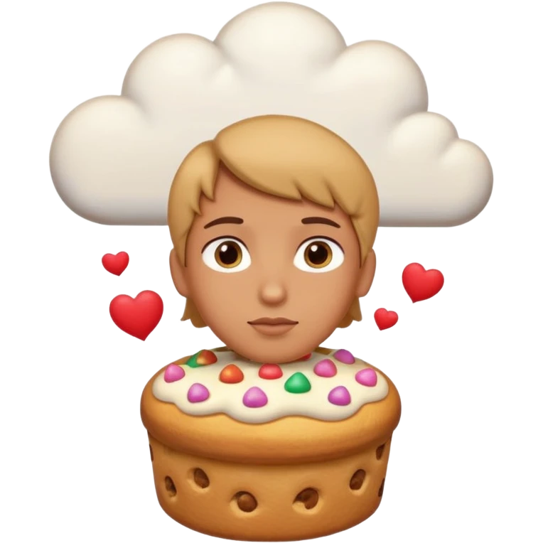 Apple-style emoji illustration of a person with dreamy eyes, and avobe them a thinking cloud with a traditionmal panettone inside, small hearts floating around, soft 3D emoji style, smooth gradients, rounded shapes, warm festive colors, simple expression. emoji