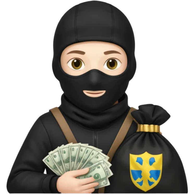 создай белого украинца в черное одежде и черной балаклаве с большим мешком денег с  гермоб страны на нем  emoji