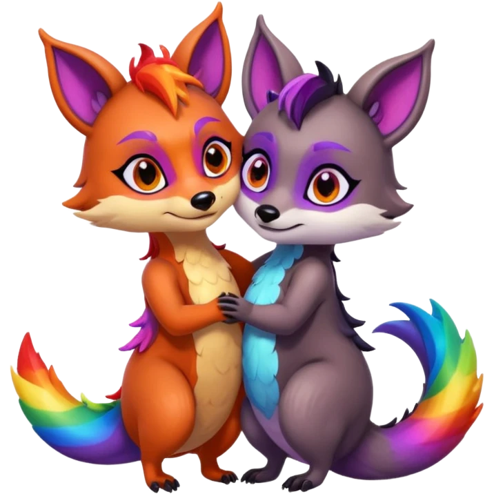 black female raccoon dragon hybrid with rainbow colored wings and purple eyes giving a big hug to a red female fox dragon hybrid with rainbow colored wings and orange eyes emoji