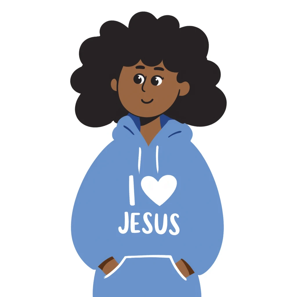 dark skin girl with dark brown short curly hair, wearing a blue hoodie with the text 'I heart Jesus' visible emoji