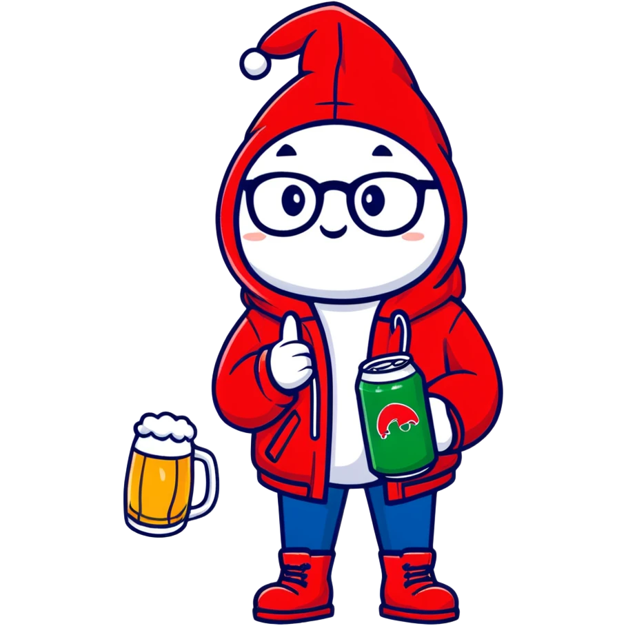 Catfish wearing a red hooded winter jacket, round glasses, blue jeans, red boots, holding a beer can with red label emoji