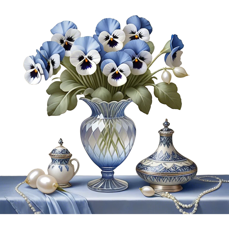 A carefully arranged still life featuring a crystal vase filled with an enchanting mix of soft blue and creamy white pansies, their petals unfolding like miniature works of art. A string of pearls is casually draped beside the vase, reflecting a subtle iridescence under candlelight. The backdrop is a hand-painted silk fabric in gentle shades of pearl and ivory, its smooth texture enhancing the refined beauty of the floral display emoji
