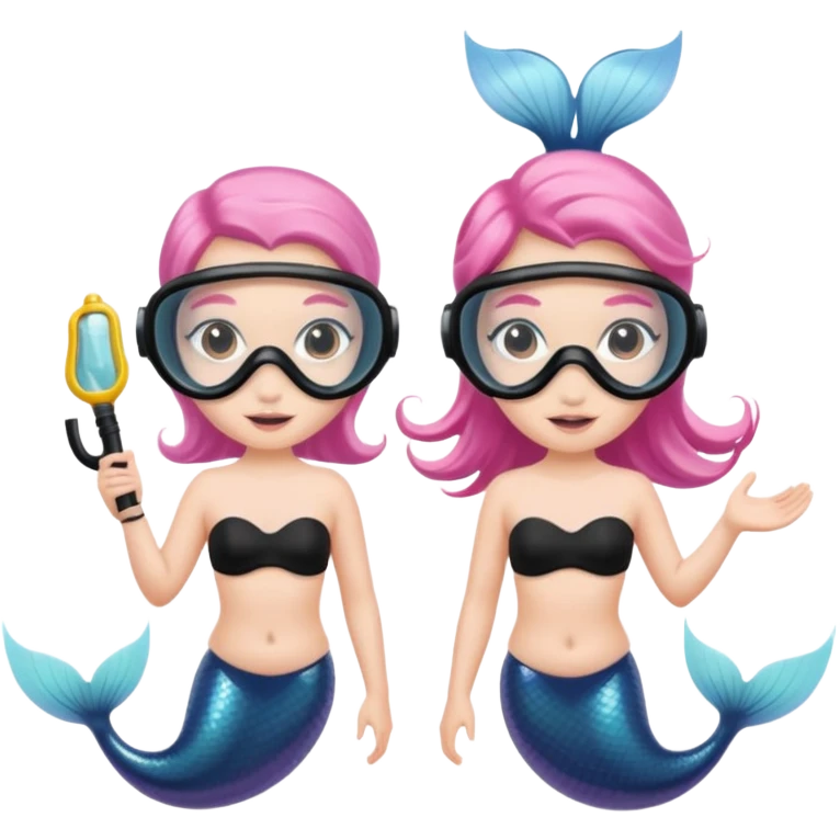 2 Mermaids one wearing a light pink snorkel mask and the other wearing black snorkel mask emoji