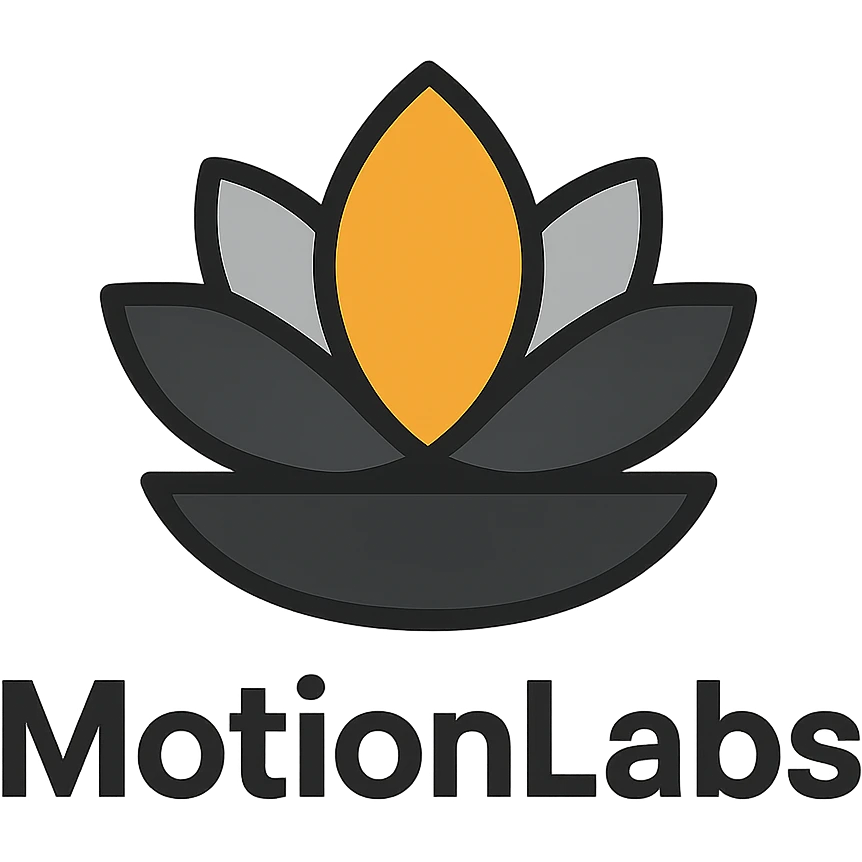 ultra luxury logo for MotionLabs with a stylized lotus icon, colors #ffa31a, #808080, #292929, #1b1b1b, #ffffff emoji