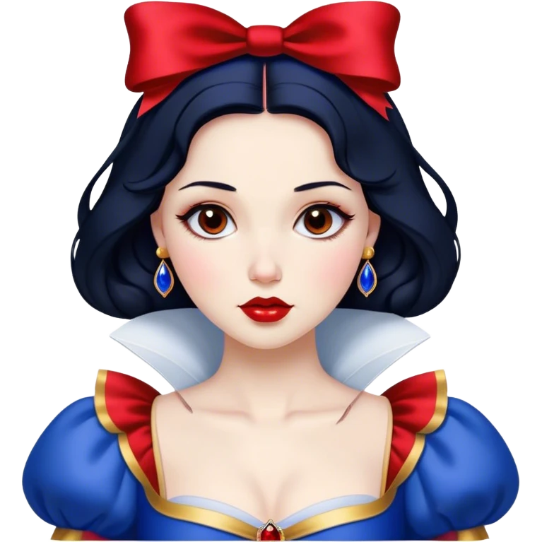 Cinematic Stunning Snow White Portrait Emoji, Fair skin glowing like porcelain, ruby-red lips, deep brown eyes full of kindness, raven hair framed by her iconic red bow, wearing her royal blue and gold gown, exuding timeless beauty and grace! emoji