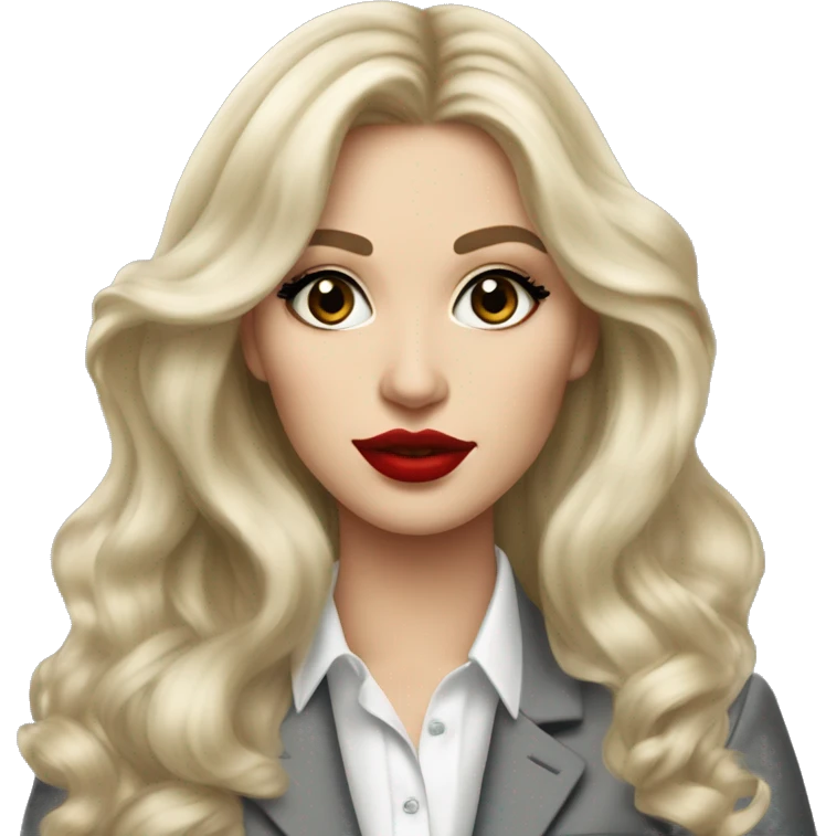 Russian Blonde long hair with big red lips small nose and black eyes Tiffany diamond seller in a grey suit emoji