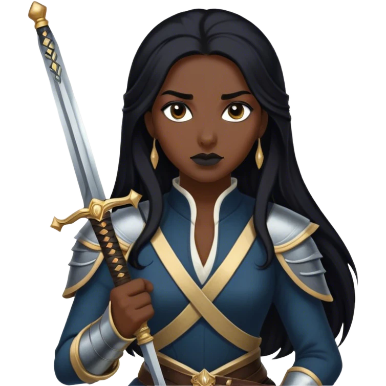 Cinematic Realistic Mulan Portrait, depicted with lifelike skin texture, soft natural lighting, and intricately detailed long black hair styled elegantly. Her deep, expressive eyes exude determination and grace, complemented by a serene yet confident expression. She stands with one hand resting on the hilt of her sword, the other by her side, exuding strength and poise. She is dressed in her classic attire, with rich fabric textures and delicate folds that catch the light beautifully. The portrait features a soft, enchanting glow with a natural, radiant finish, capturing the essence of timeless strength and beauty in a realistic and painterly style, evoking a sense of depth and authenticity. emoji