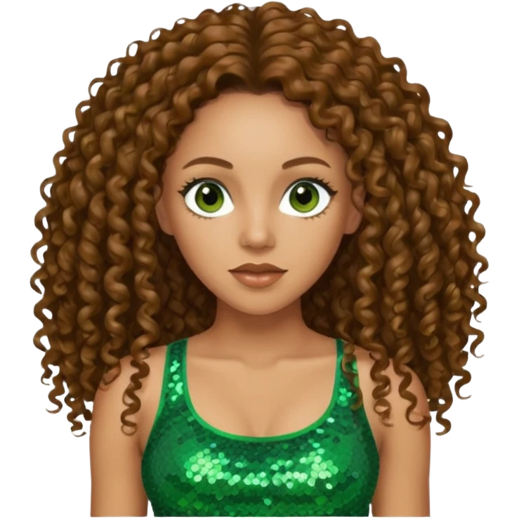 Melanie Brown with long brown curly hair, green sequin crop top, brown eye emoji